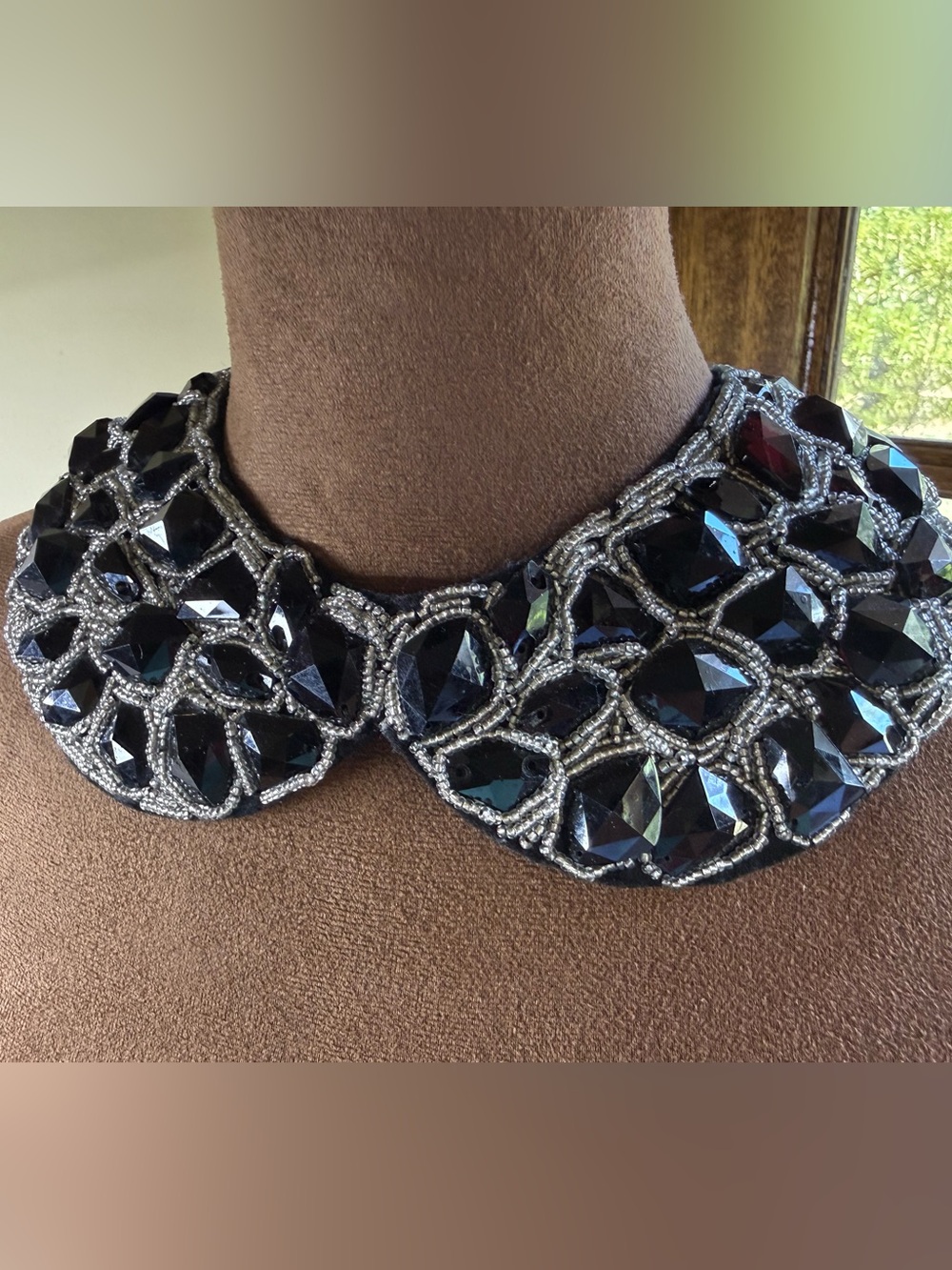 Vintage Natasha Black Faceted Crystal Ribbon Collar Necklace